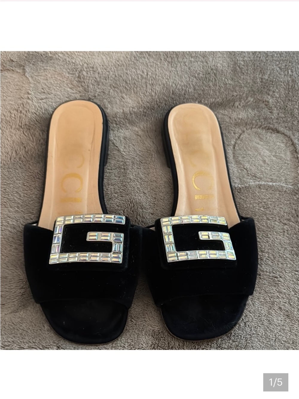 Gucci Black Velvet Slide Mule sandals  with Crystal G Buckle